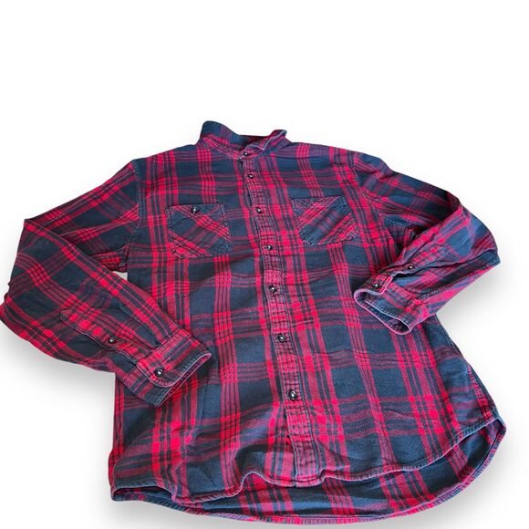 Plaid Flannel Shirt Mens Large Red Navy Grunge Twilightcore Lumberjack - Picture 6 of 16